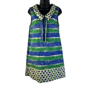 Dear Creatures Green Blue Striped Tie Neck Peter Pan Collar Shift Dress Medium